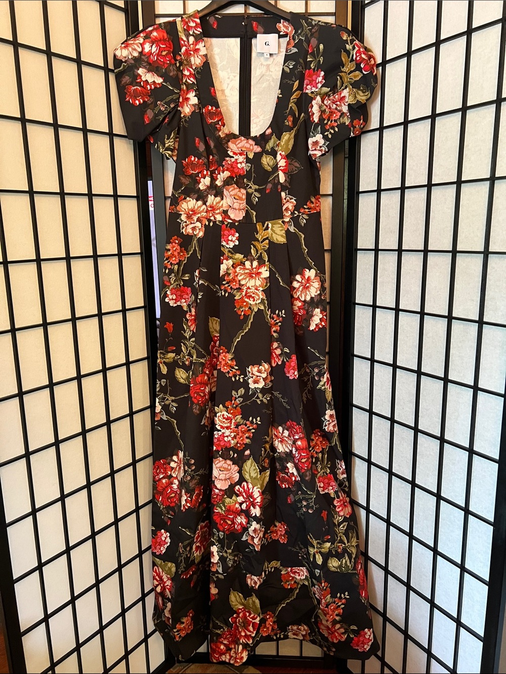 Black Floral Maxi Dress with Red and Pink Blooms